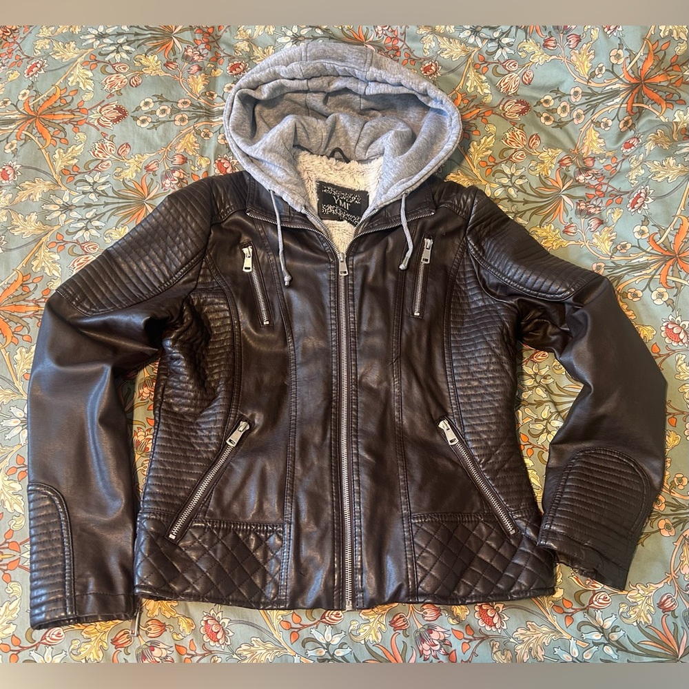 YMI Women’s Black Faux Leather Jacket with Hood